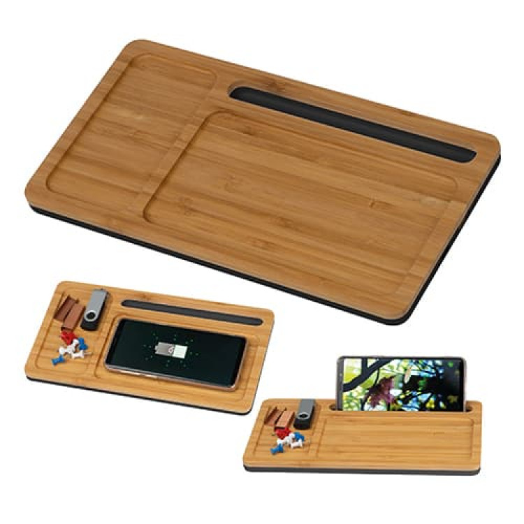 Еко бежичен полнач и држач за мобилен од бамбус