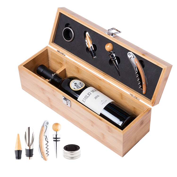 Еко сет за вино во кутија од бамбус