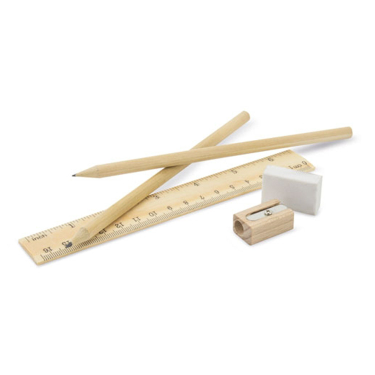 Еко дрвен сет моливи, гума, острилка, линијар