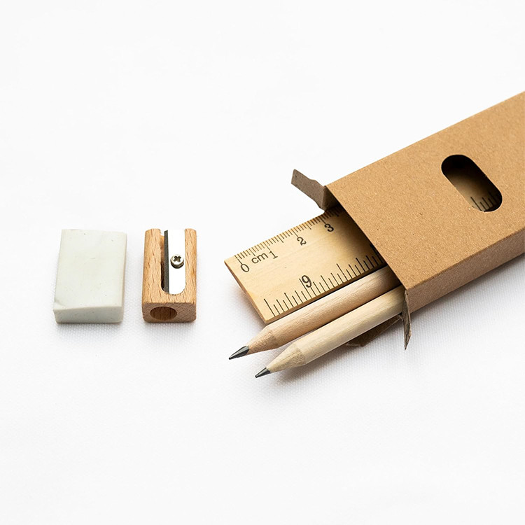 Еко дрвен сет моливи, гума, острилка, линијар