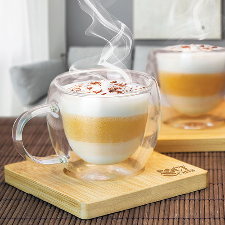 Чаша стаклена 80мл со бамбус подметач 2/1