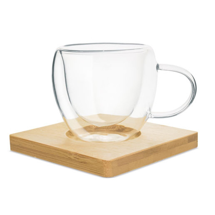 Чаша стаклена 80мл со бамбус подметач 2/1