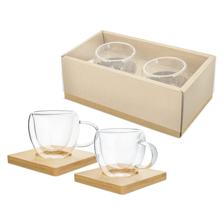 Чаша стаклена 80мл со бамбус подметач 2/1
