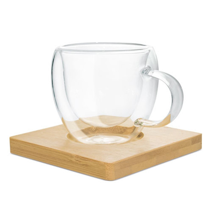 Чаша стаклена 80мл со бамбус подметач 2/1