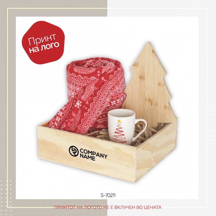 Даровен сет со ќебе, чаша, украс во дрвена кутија
